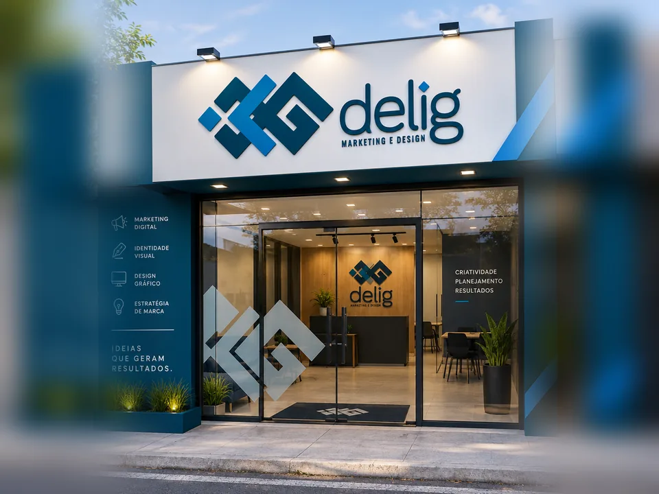 Identidade visual da Delig aplicada em fachada